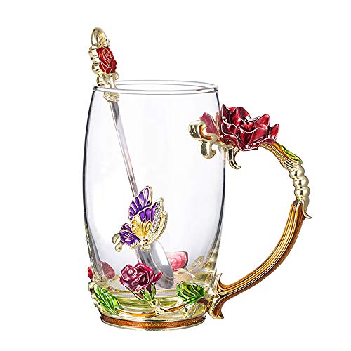 COAWG Taza de té de cristal con flor con cuchara, taza de café de cristal transparente con asa y rosa esmaltada hecha a mano sin plomo