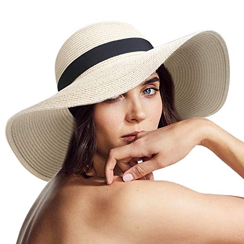 Sombrero de paja para mujer con ala ancha UPF 50, sombrero de verano plegable enrollable, sombreros de playa flexibles para mujer